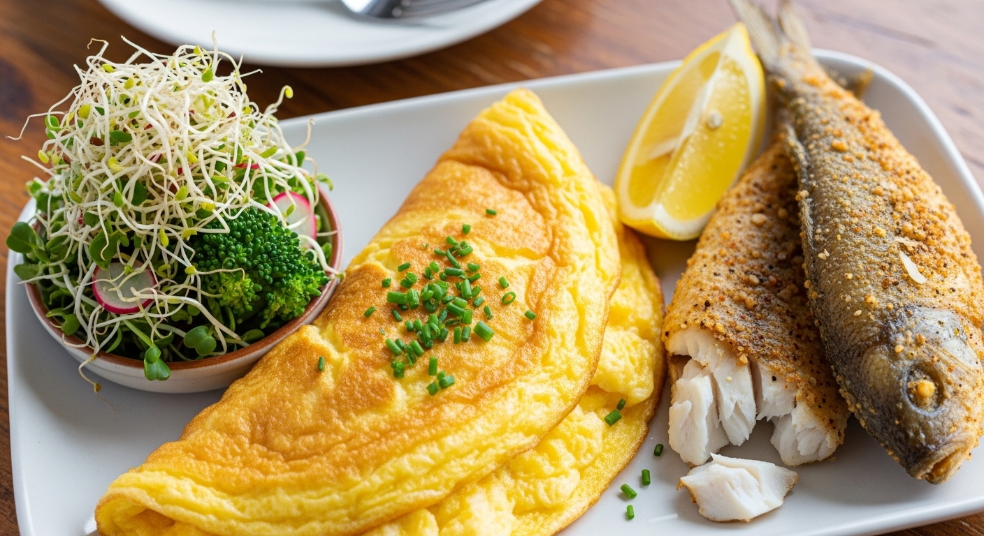Healthy non-veg meal with sprouts, omelette, grilled fish, dal and soup